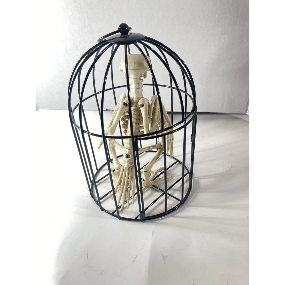 Skeleton Crow in Cage Prop Bird Bones Plastic Halloween Decoration
